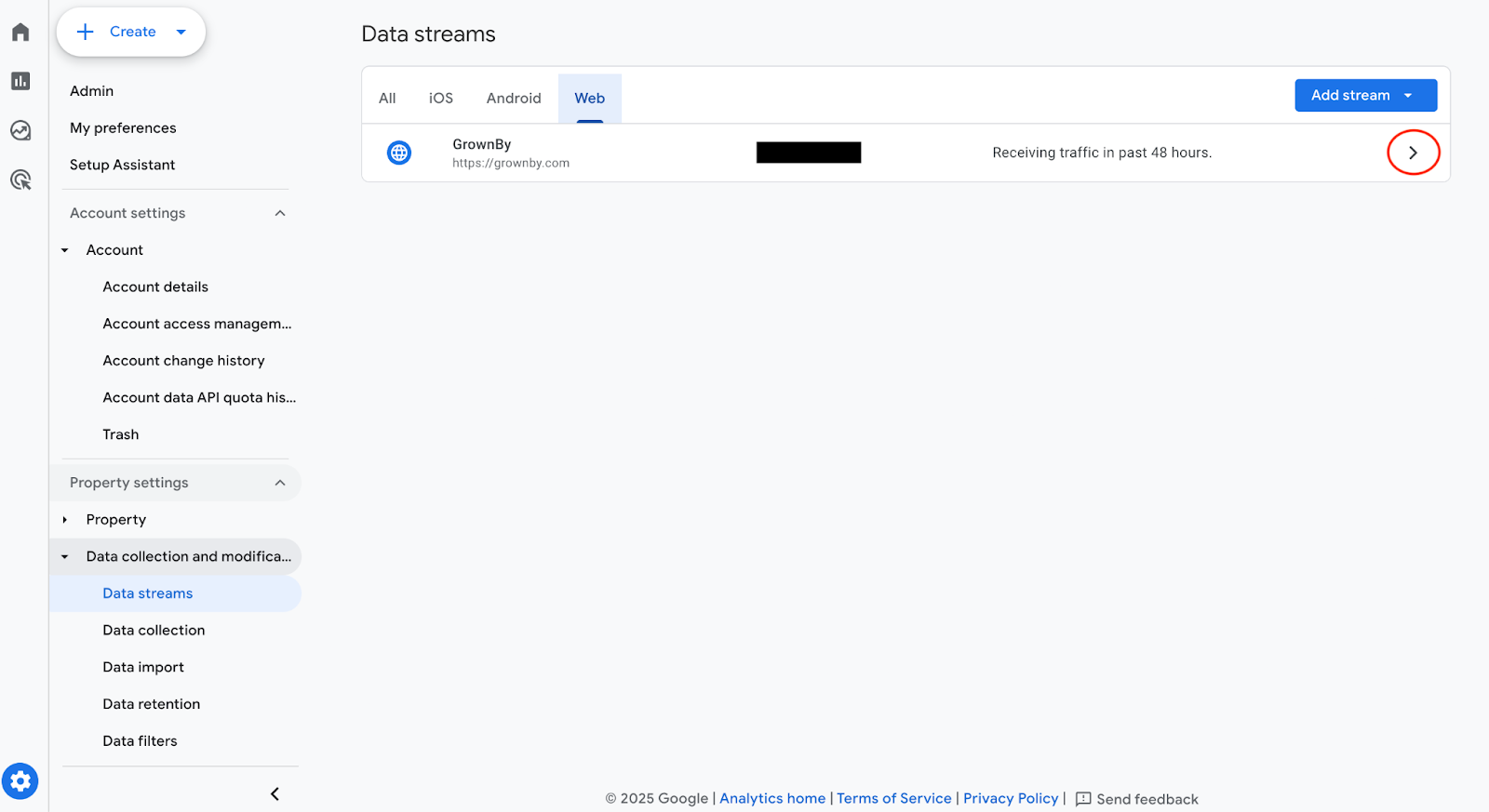 Selecting the web data stream in GA4