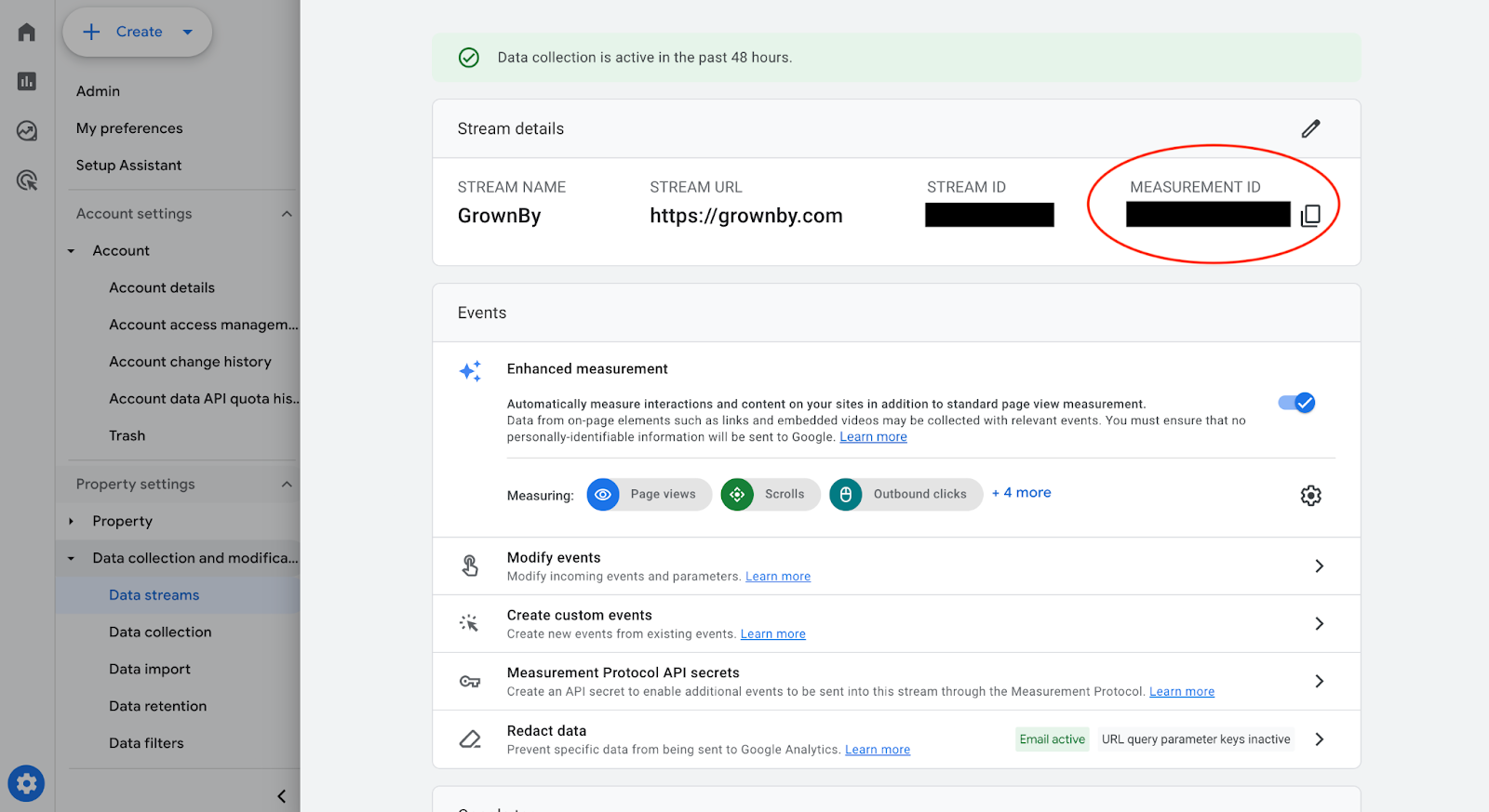 GA4 web stream details showing the measurement ID