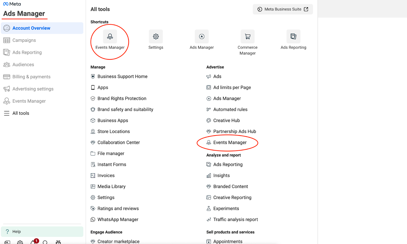 Meta Ads Manager with Events Manager highlighted