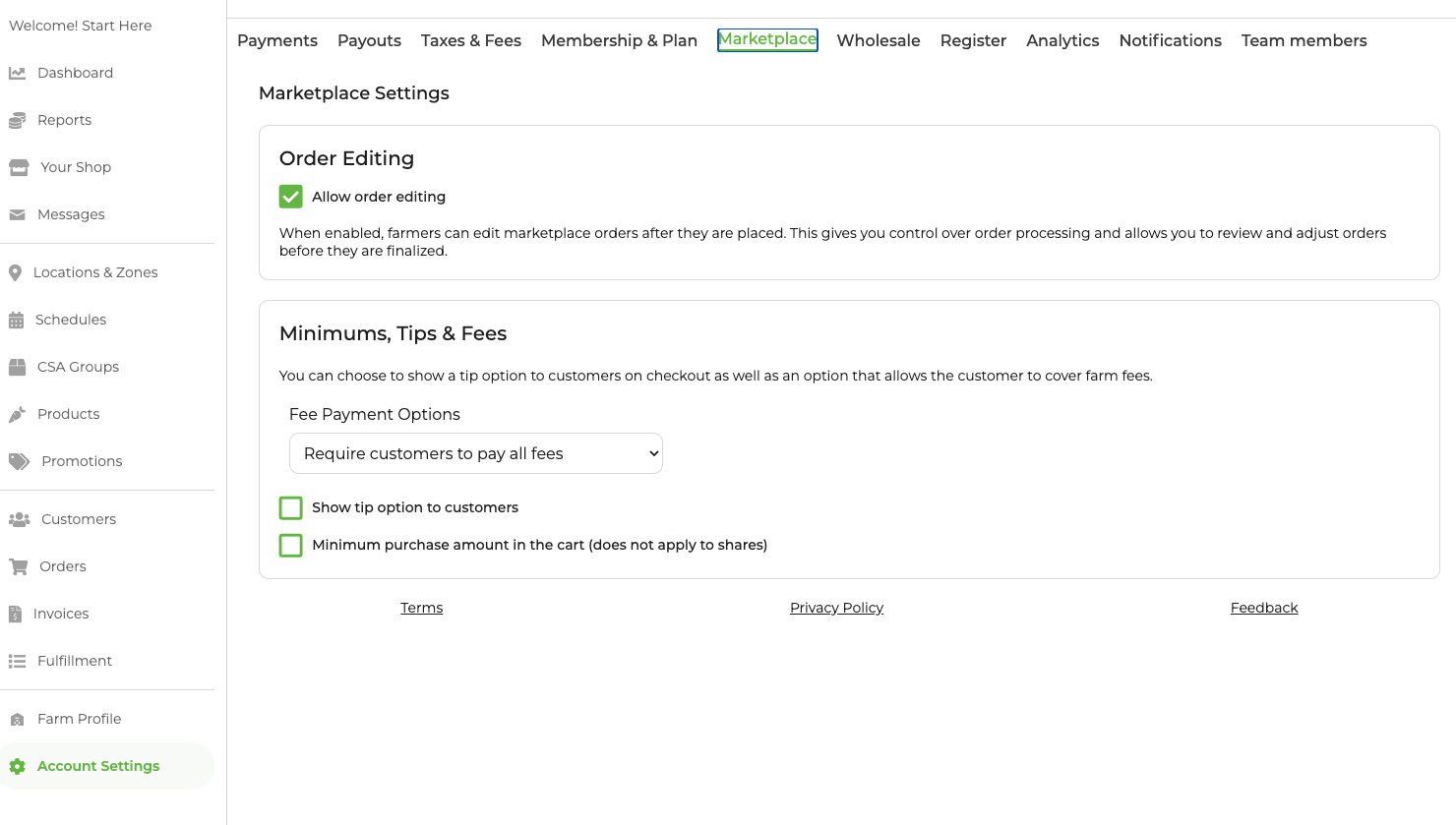 Marketplace tab in Account Settings
