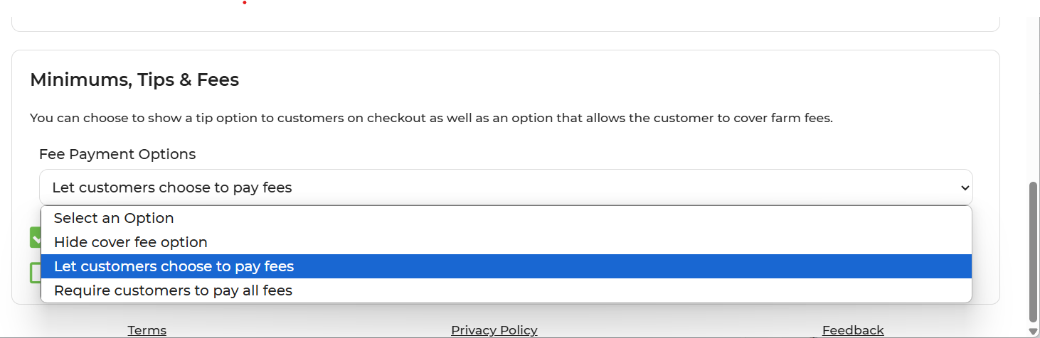 Fee options in Marketplace settings