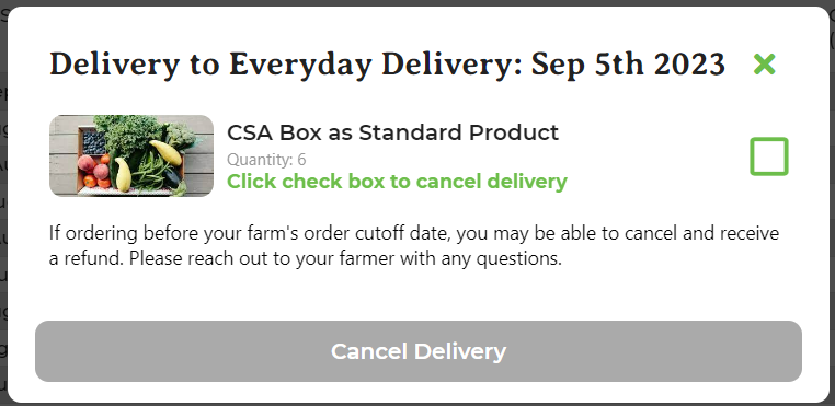 Cancel delivery pop-up with product selection and Cancel Delivery button