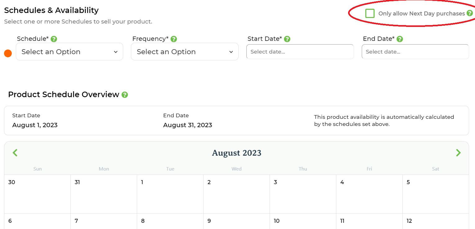 Product editing page showing the Only allow Next Day purchases checkbox