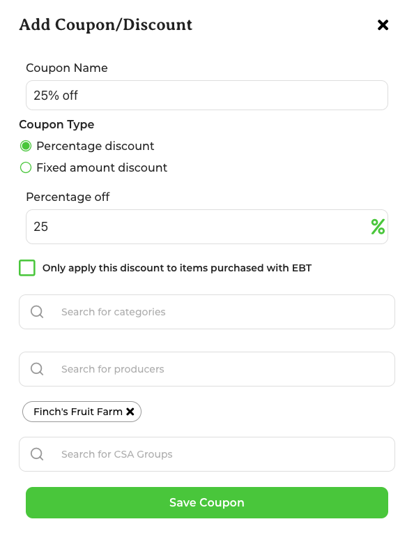 Add or Edit Coupon screen showing coupon configuration options