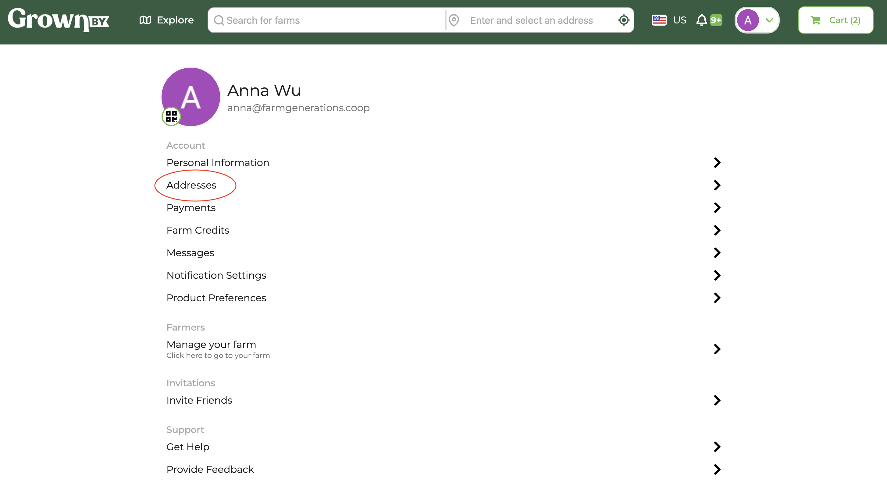 Account page with the Addresses option highlighted