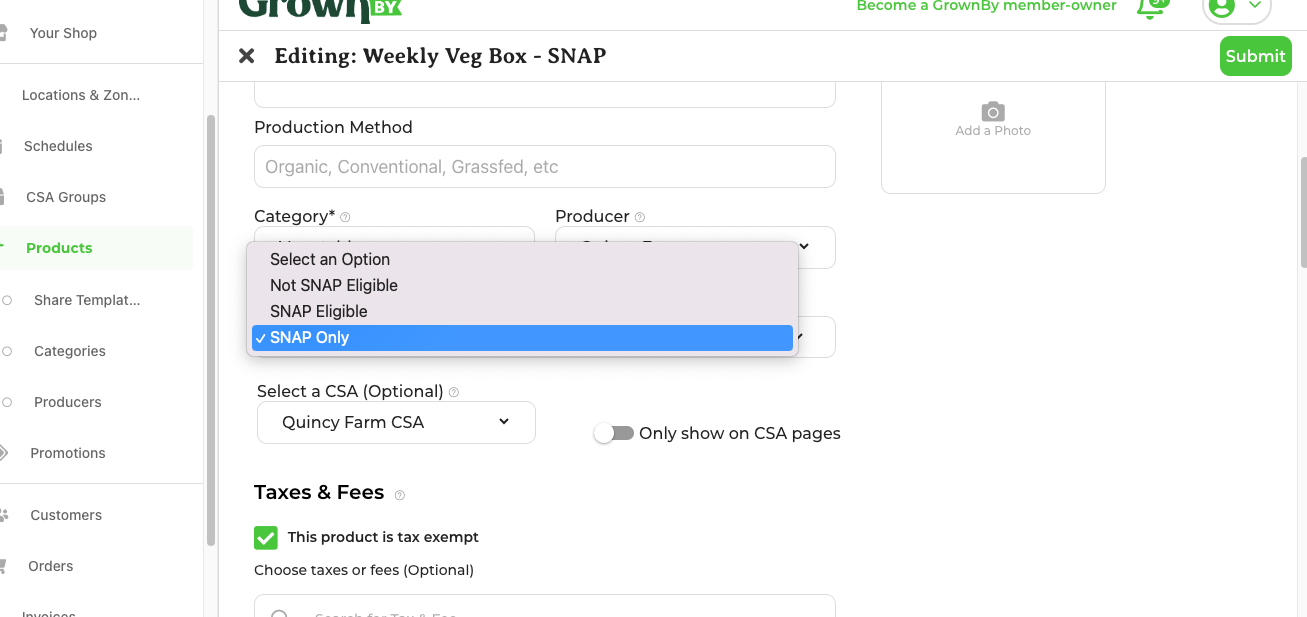 SNAP/EBT eligibility checkbox on the product form