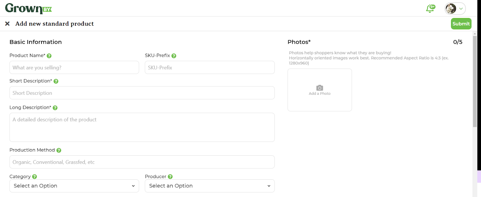Standard product creation form in GrownBy