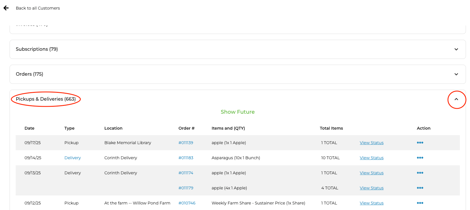 Expanded Pickups and Deliveries section on the customer detail page