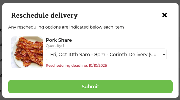Reschedule pop-up with location and date selectors