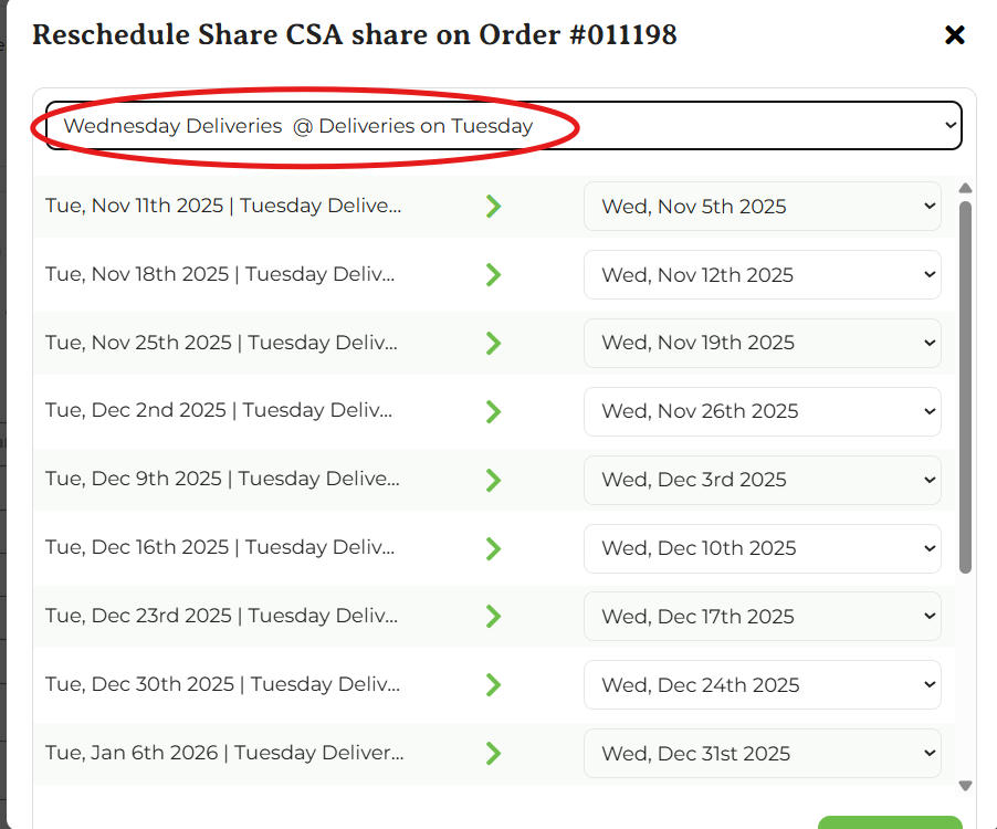 Reschedule All pop-up showing a flattened list of Schedule @ Location rows
