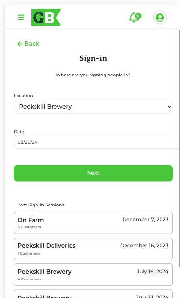 Sign-in sheet location and date selector