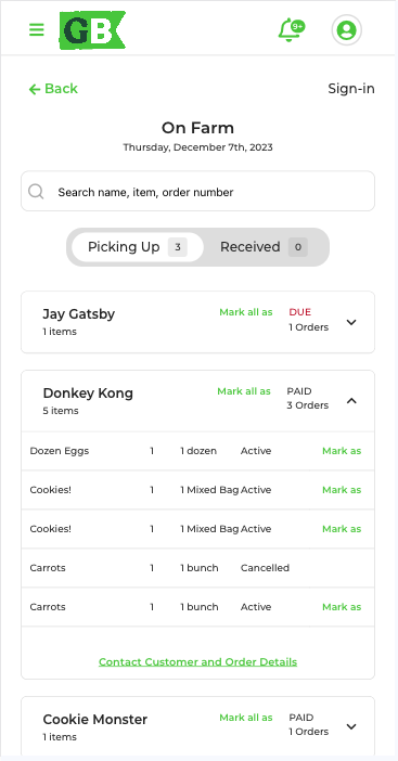 Sign-in screen showing customer list with status labels
