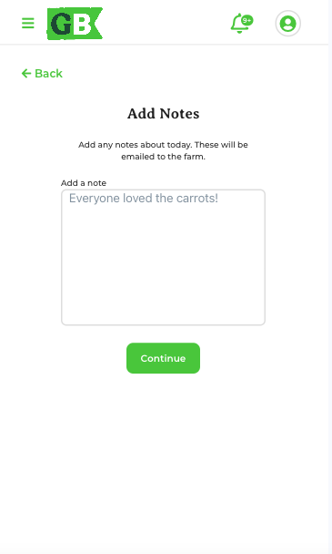 Notes screen for messaging the farmer
