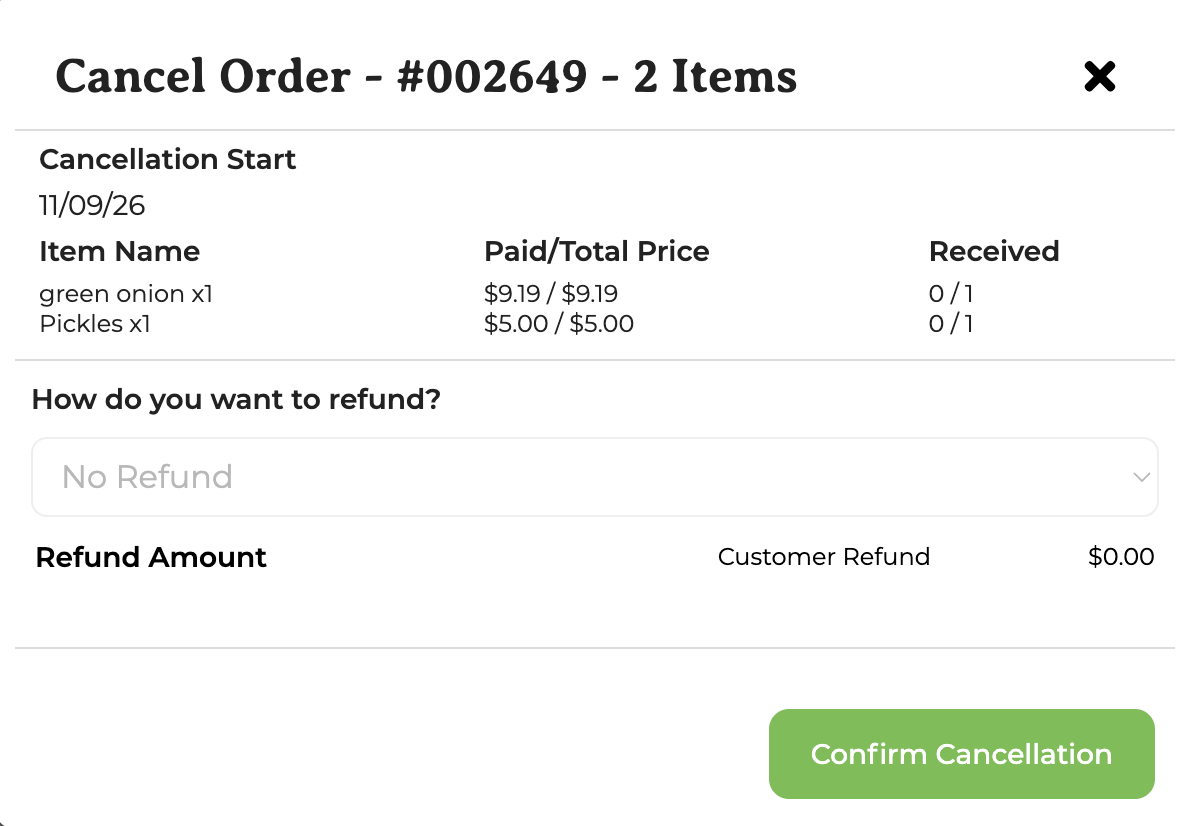 Cancel Order pop-up showing the Cancellation Start date, items with paid and received amounts, the refund dropdown, and the Confirm Cancellation button