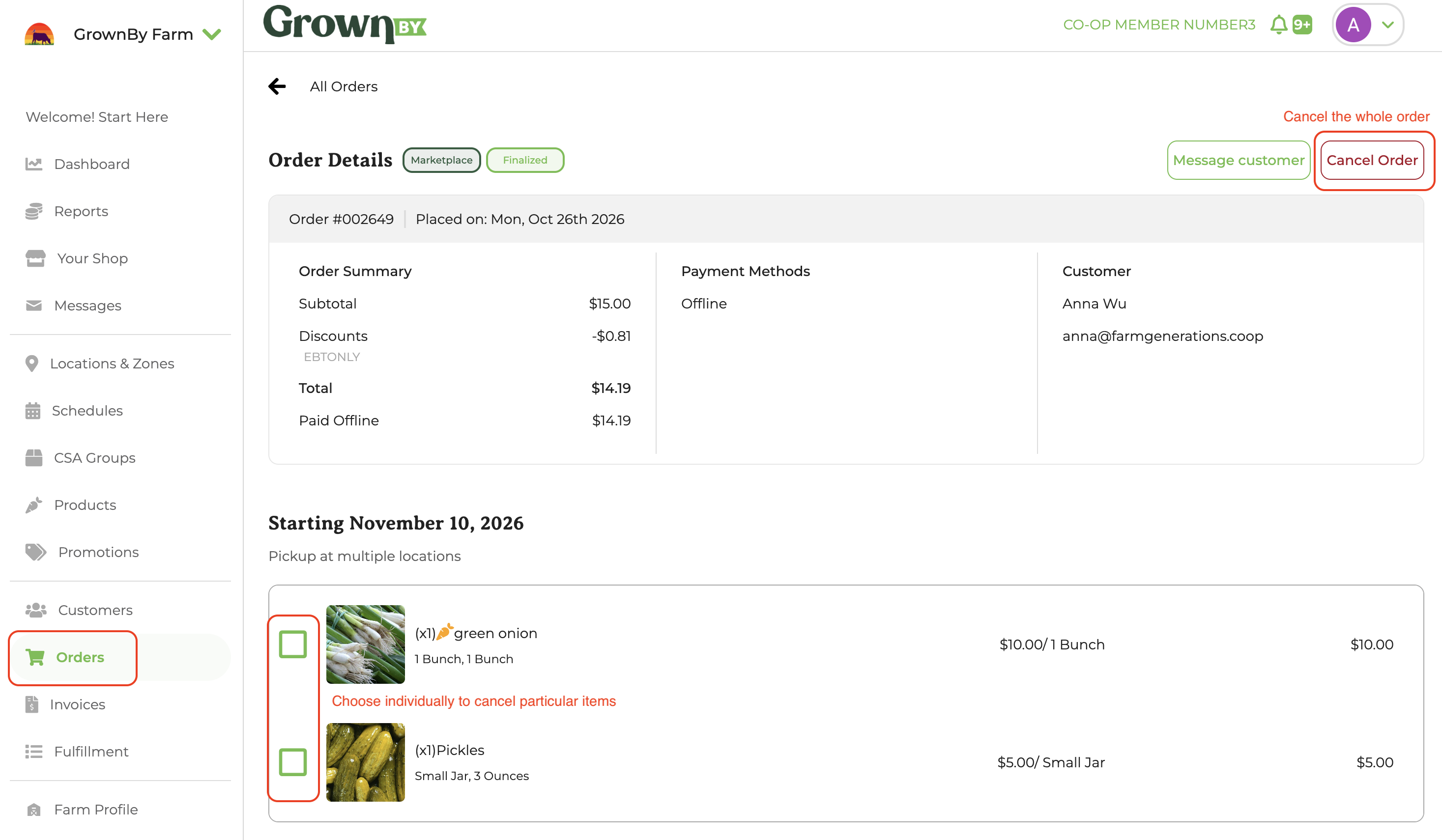 Order Detail page with the Cancel Order button and the item checkboxes highlighted