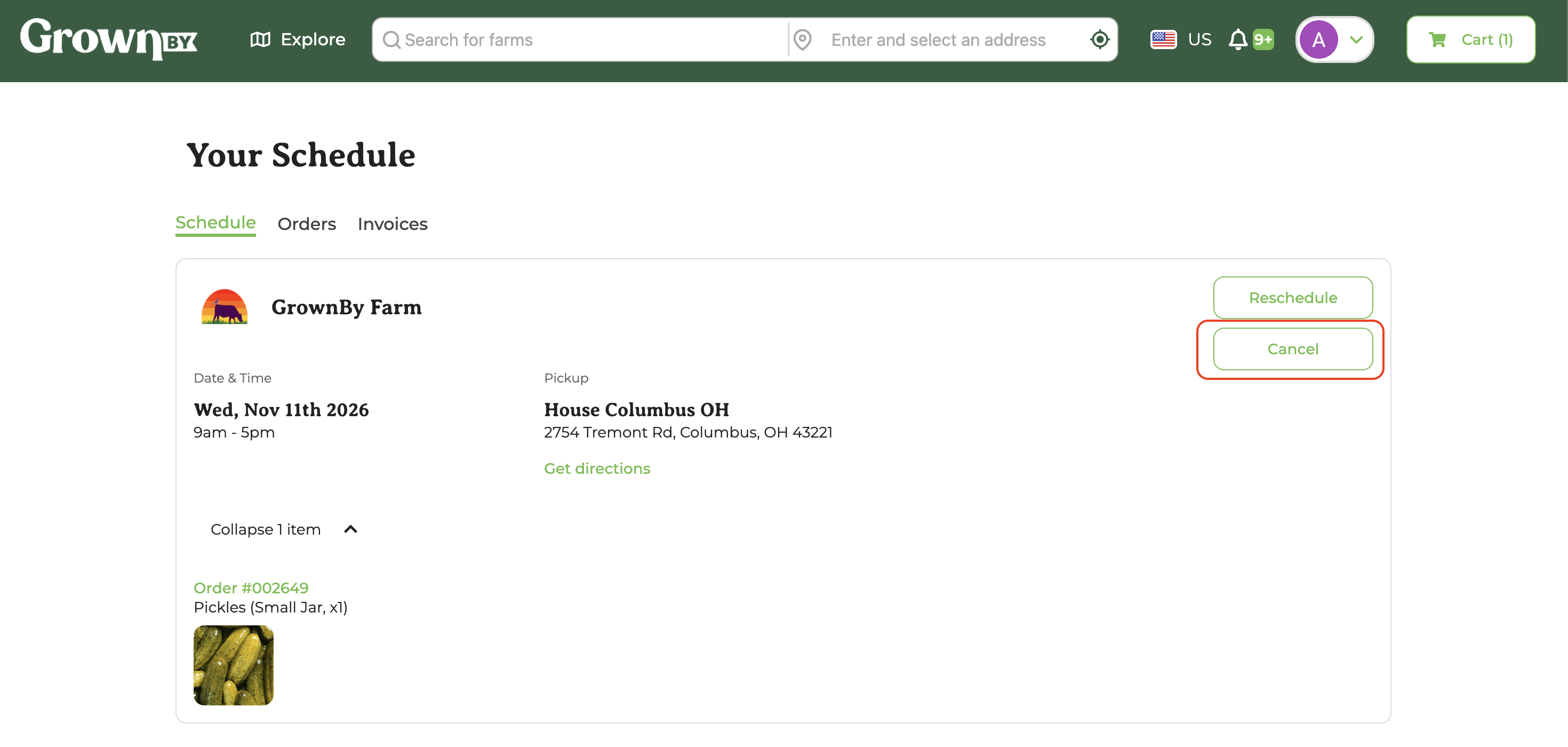 Shopper Schedule tab showing a pickup with Reschedule and Cancel buttons, with Cancel highlighted