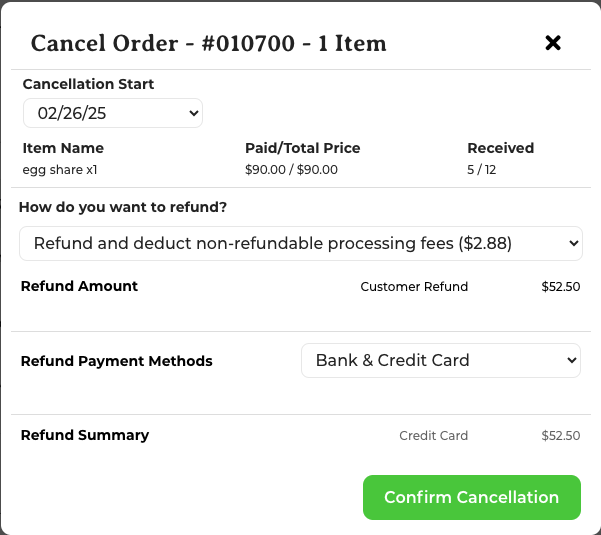 Cancel Items pop-up showing refund options for a share order
