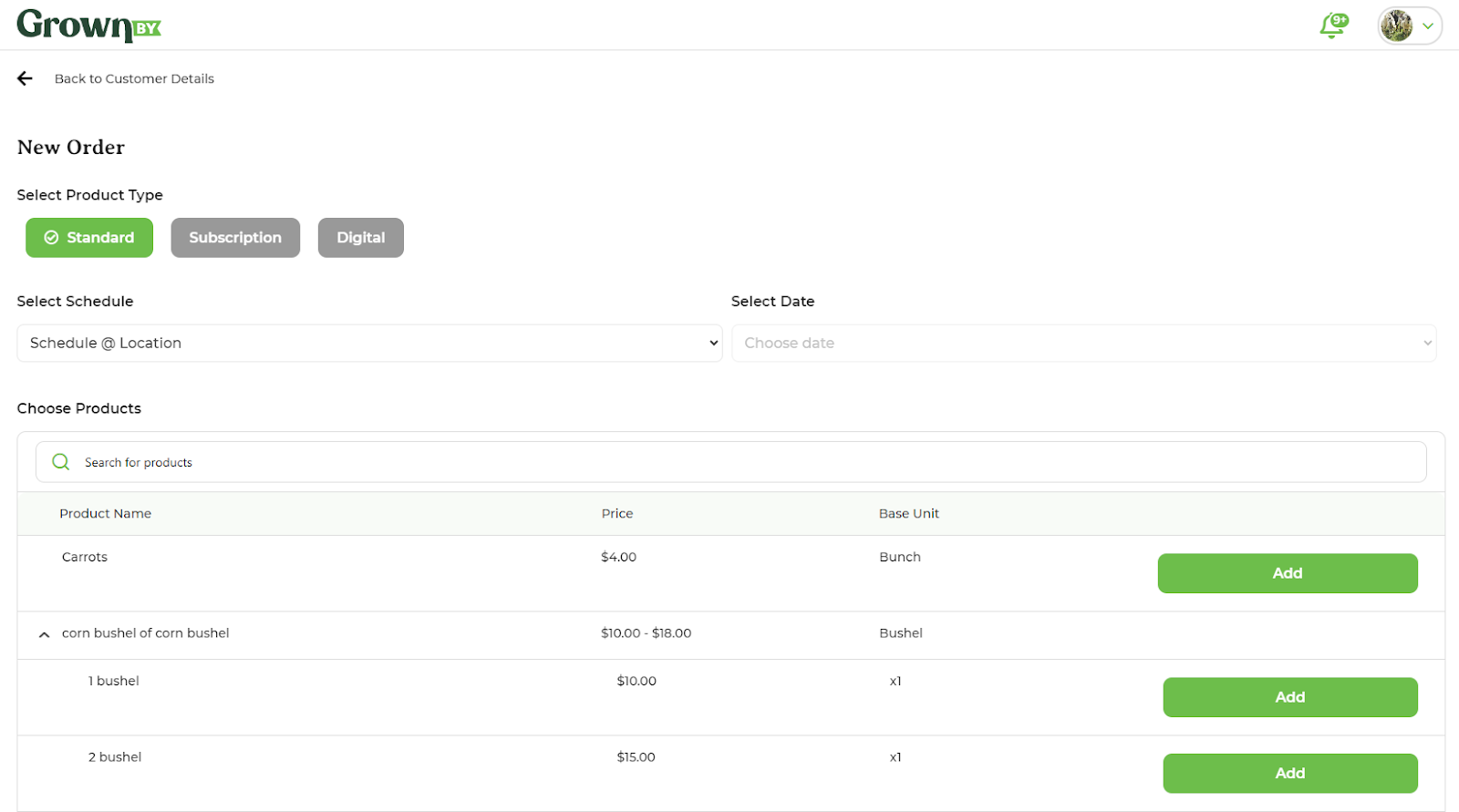 The Order Creator interface with product type filters and product list