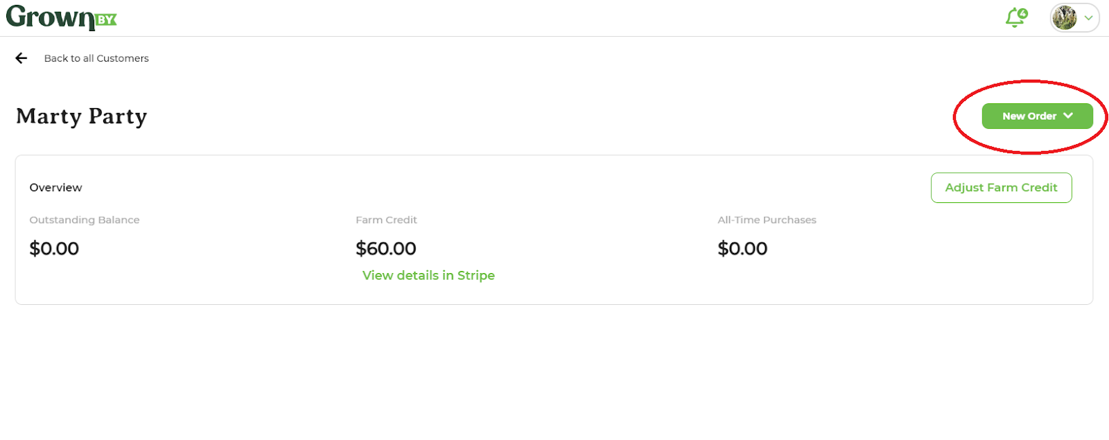 Customer Detail page showing the option to create an order for the selected customer