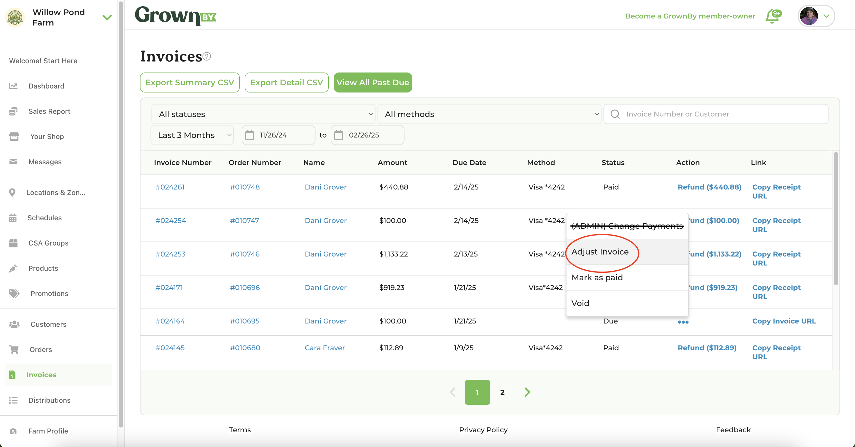 Invoice row with the actions menu open, showing Adjust Invoice and (ADMIN) Change Payments options