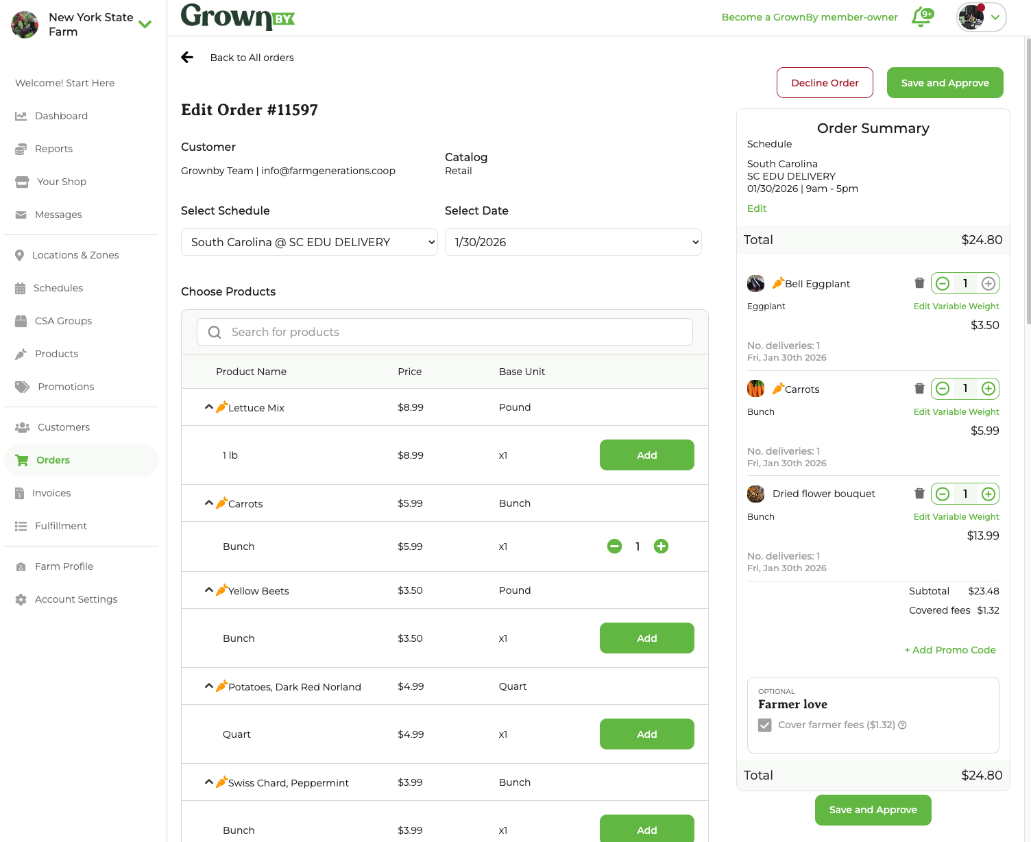 Order editing screen with line items, delivery addresses, and Save and Update Customer Schedule button