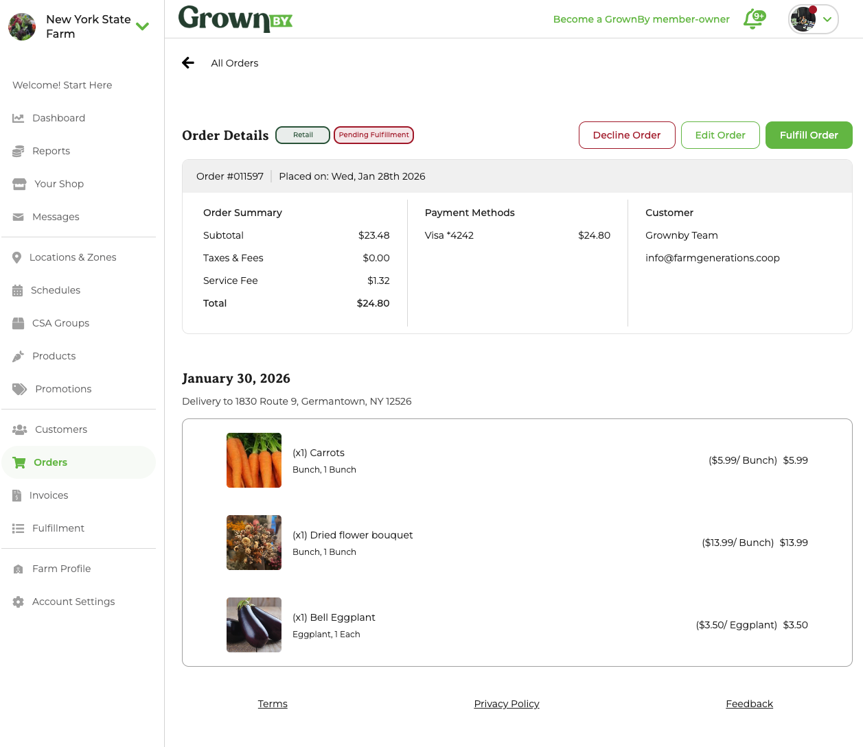 Order detail page with fulfill, edit, and decline options