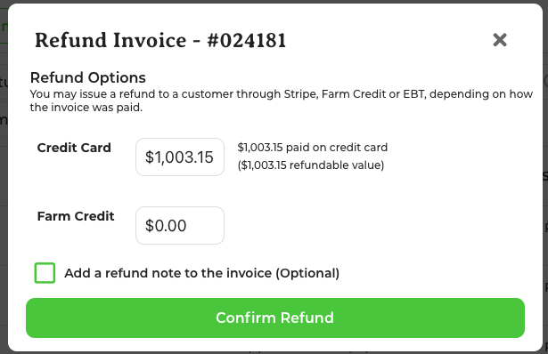 Refund pop-up with Credit Card and Farm Credit fields and refundable totals