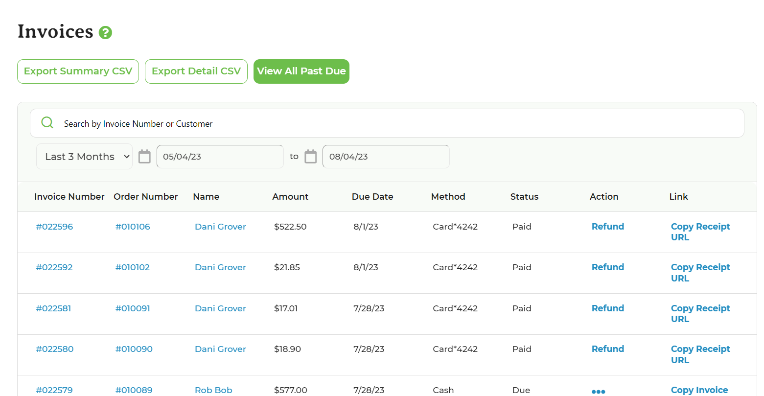 Invoices page with Refund button highlighted