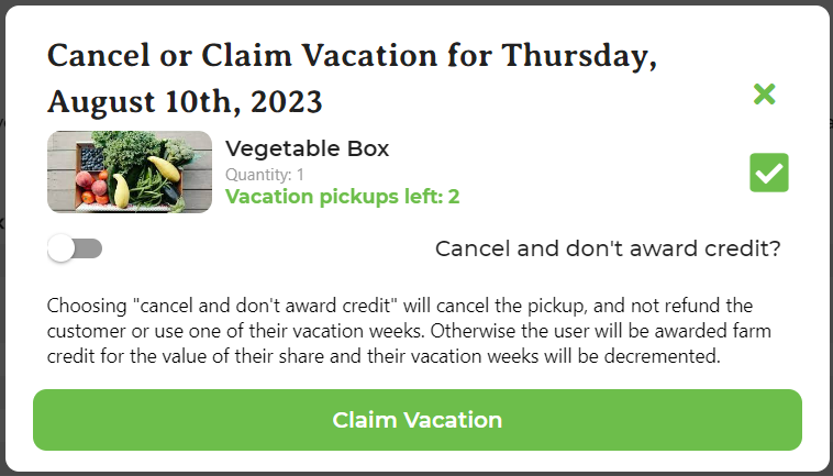 Vacation week processing screen with credit option