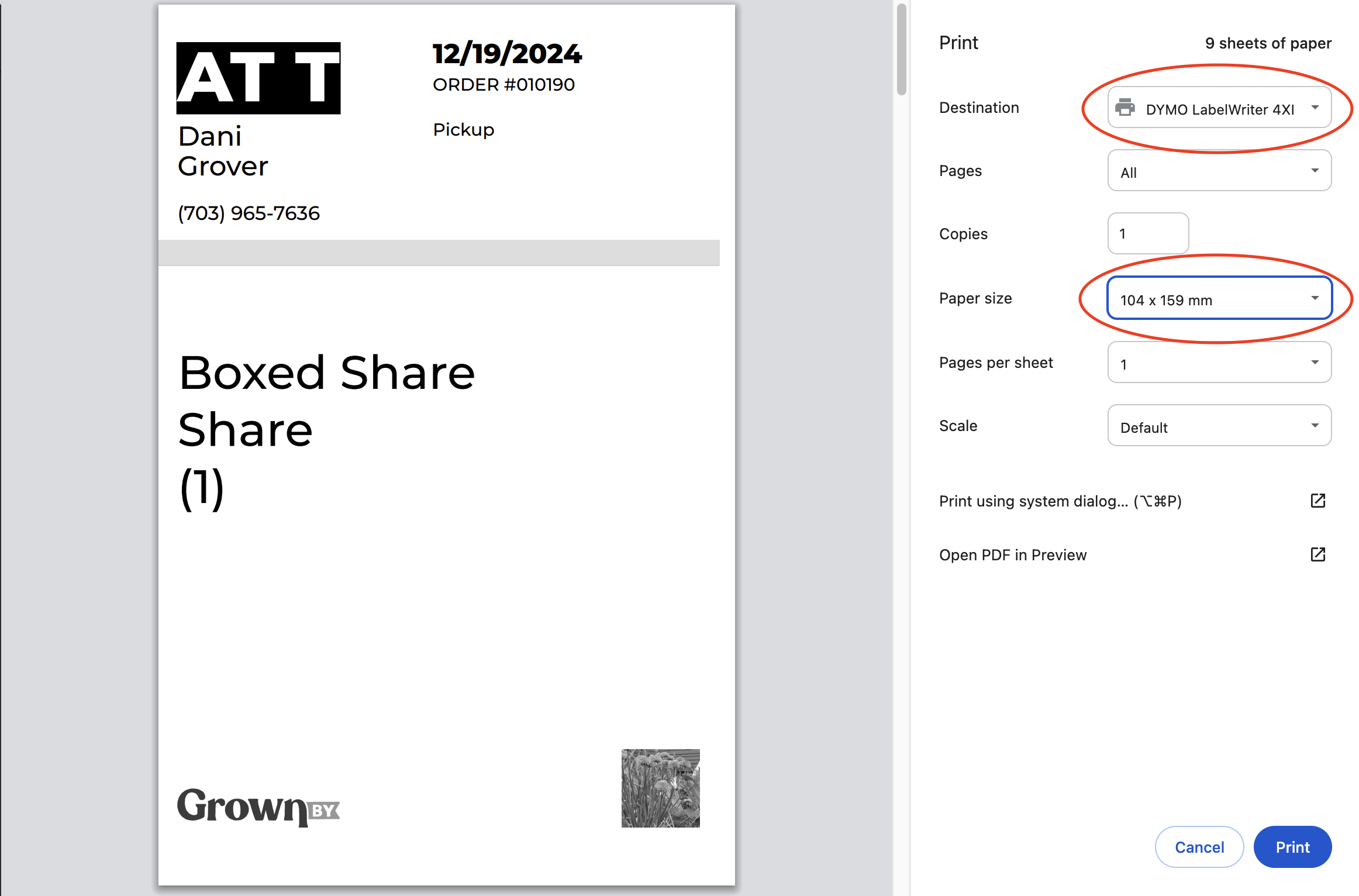 Print dialog box for selecting a printer and paper size