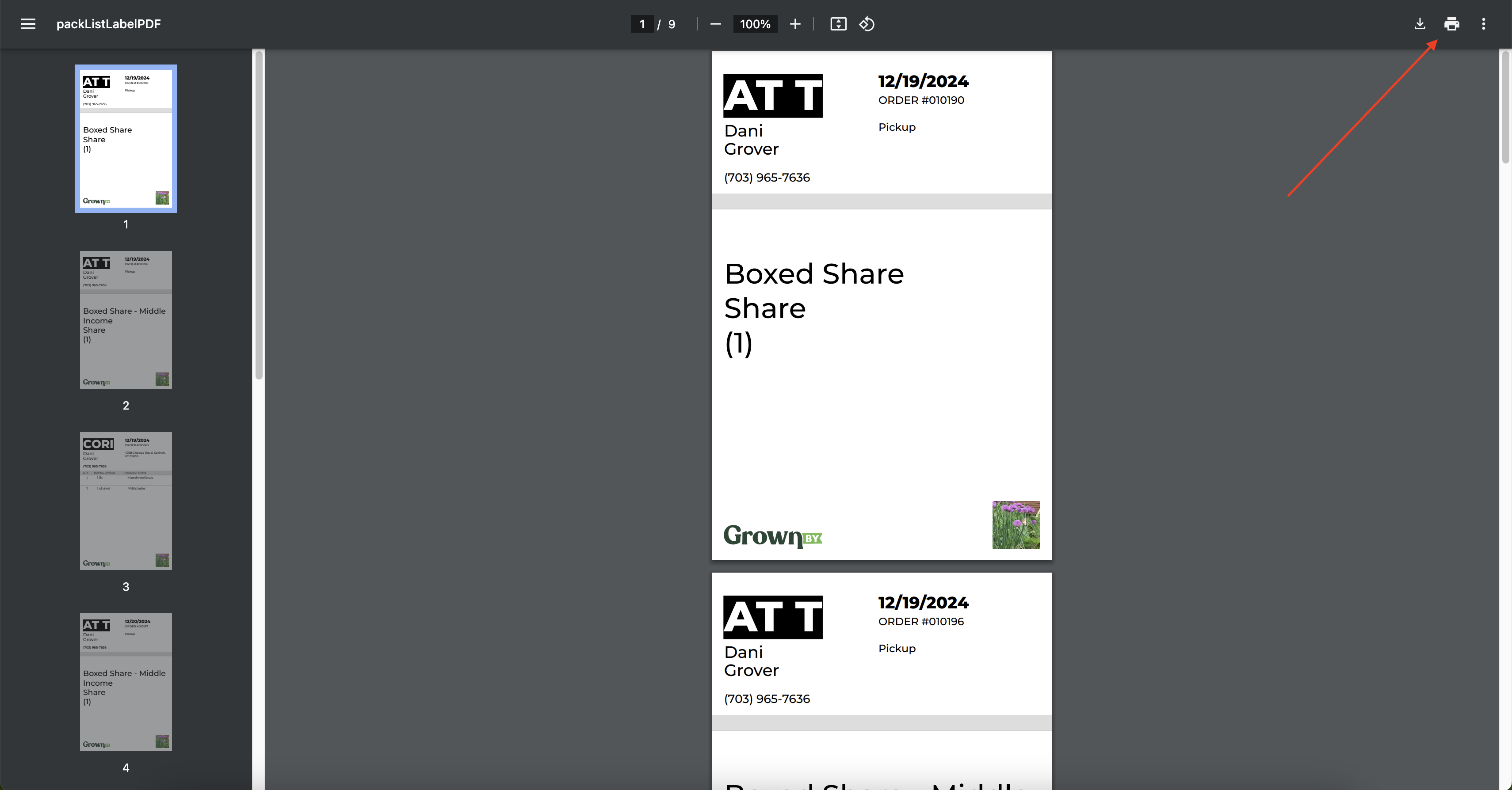 Chrome print preview tab with the Print button in the top right corner