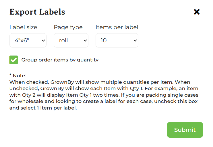 Export Labels pop-up showing label size, type, items per label, and grouping options