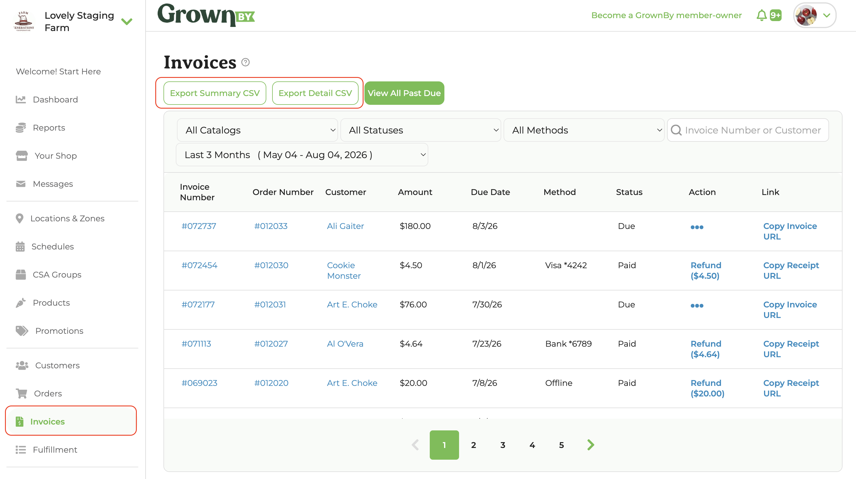 Invoices tab export options