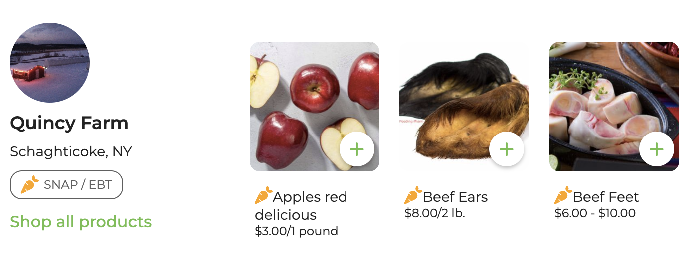 A GrownBy farm shop showing a SNAP/EBT badge and SNAP-eligible products marked with a carrot icon