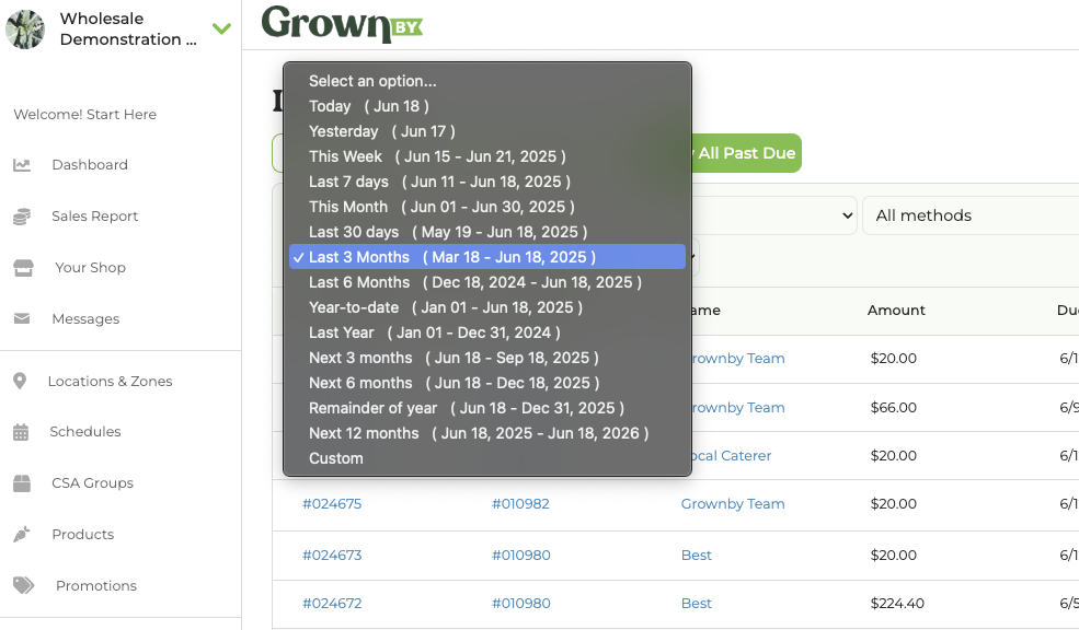 GrownBy invoices page with a future time period selected to display upcoming invoices