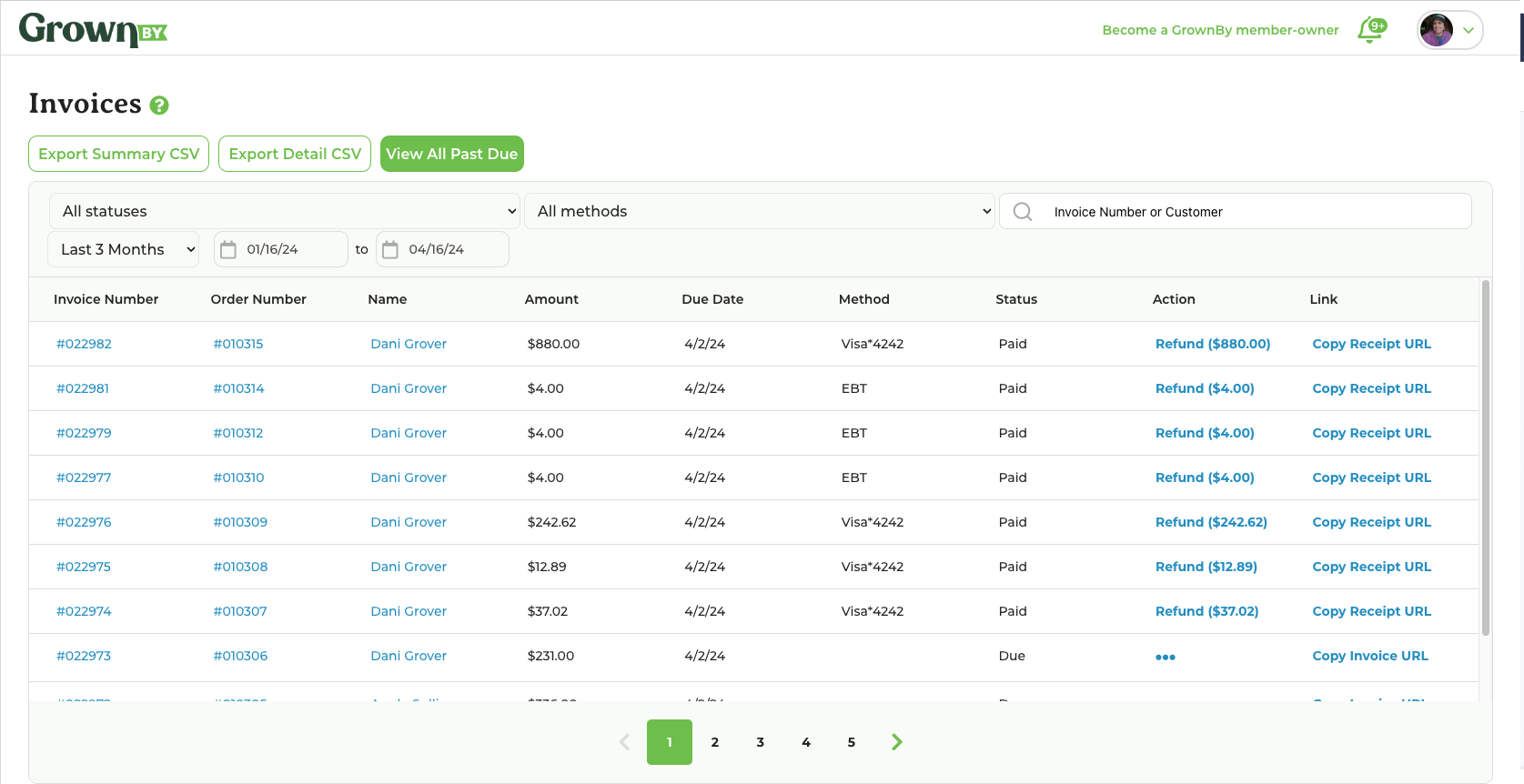Invoices tab on the GrownBy dashboard