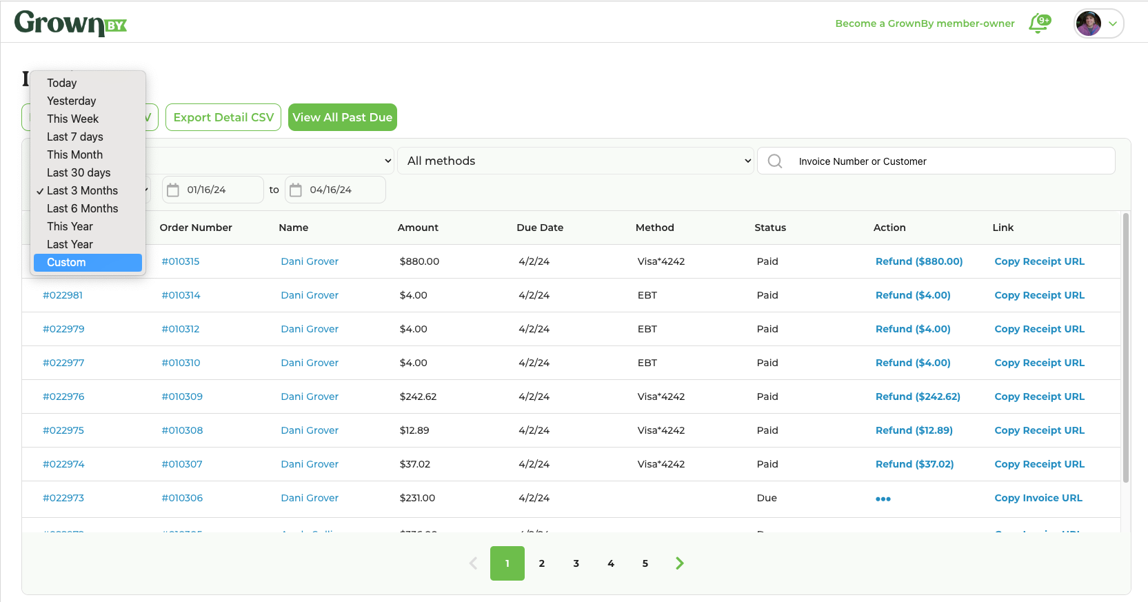 Date picker showing Custom option for selecting a future date range