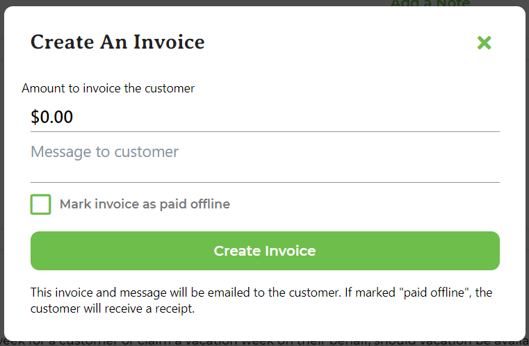 New Invoice pop-up on a customer's page