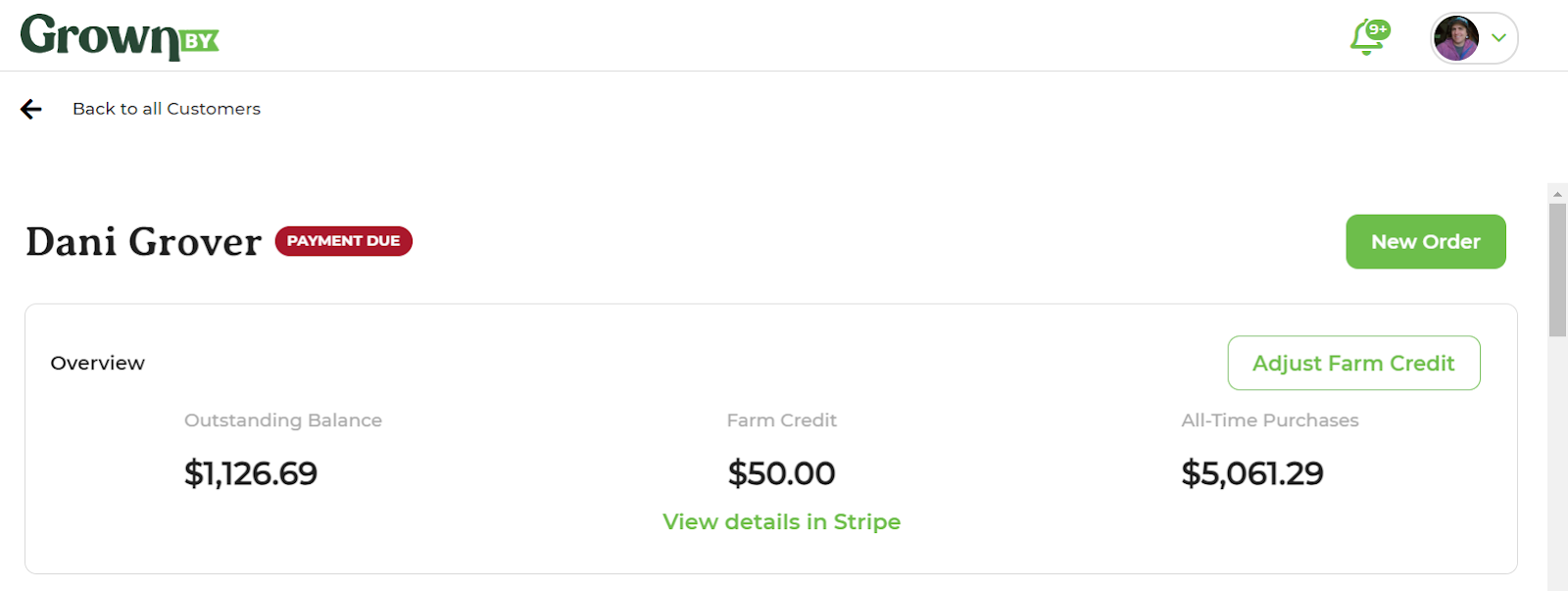 Customer page showing the Payment Due tag next to a customer's name