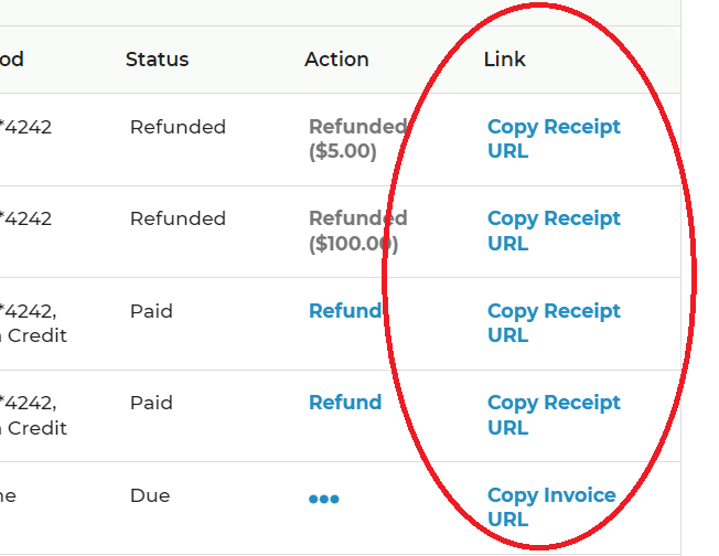 Invoices page with the Link column highlighted for copying invoice links