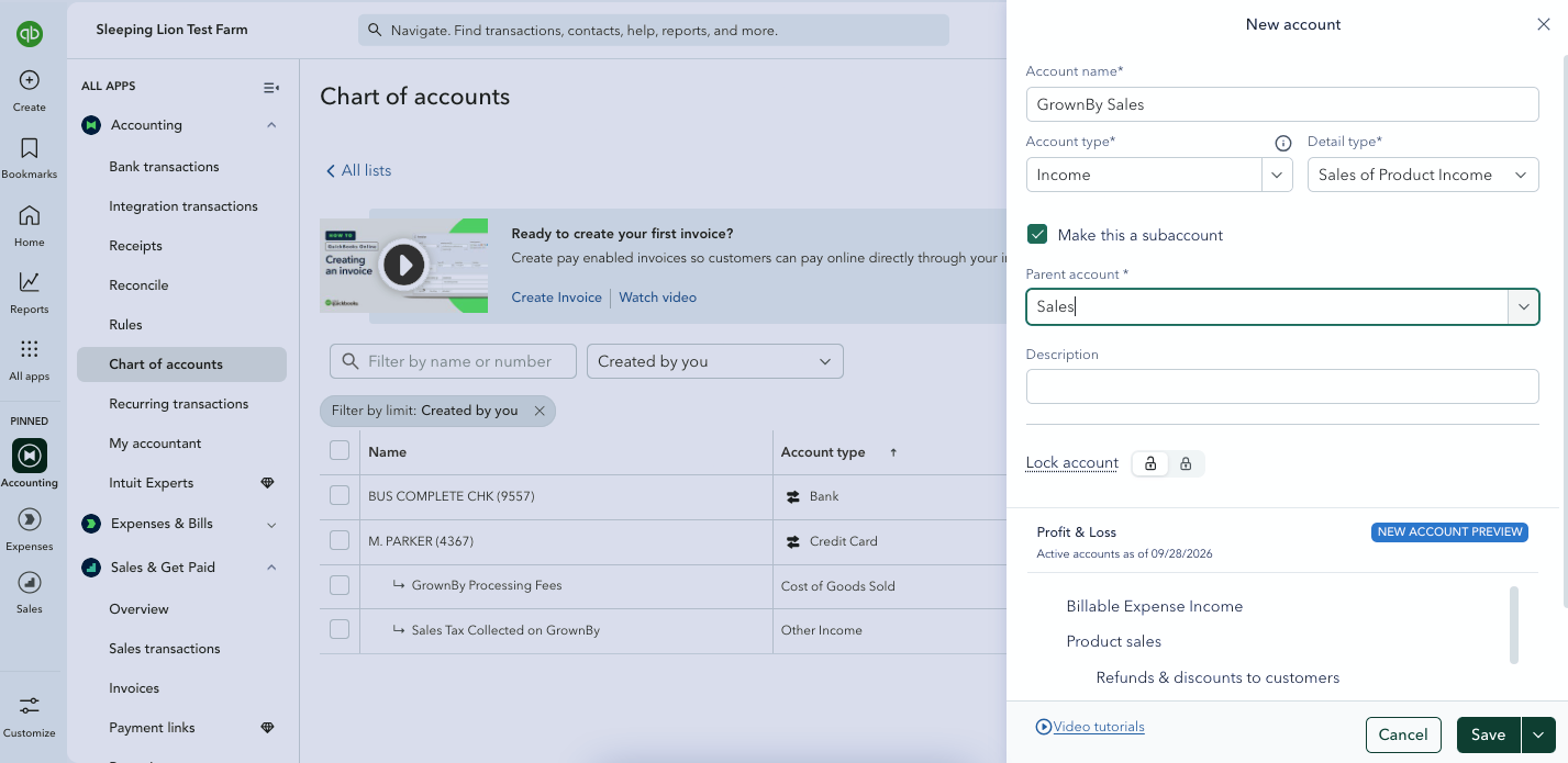 Creating a GrownBy Sales income subaccount in the QuickBooks Online chart of accounts