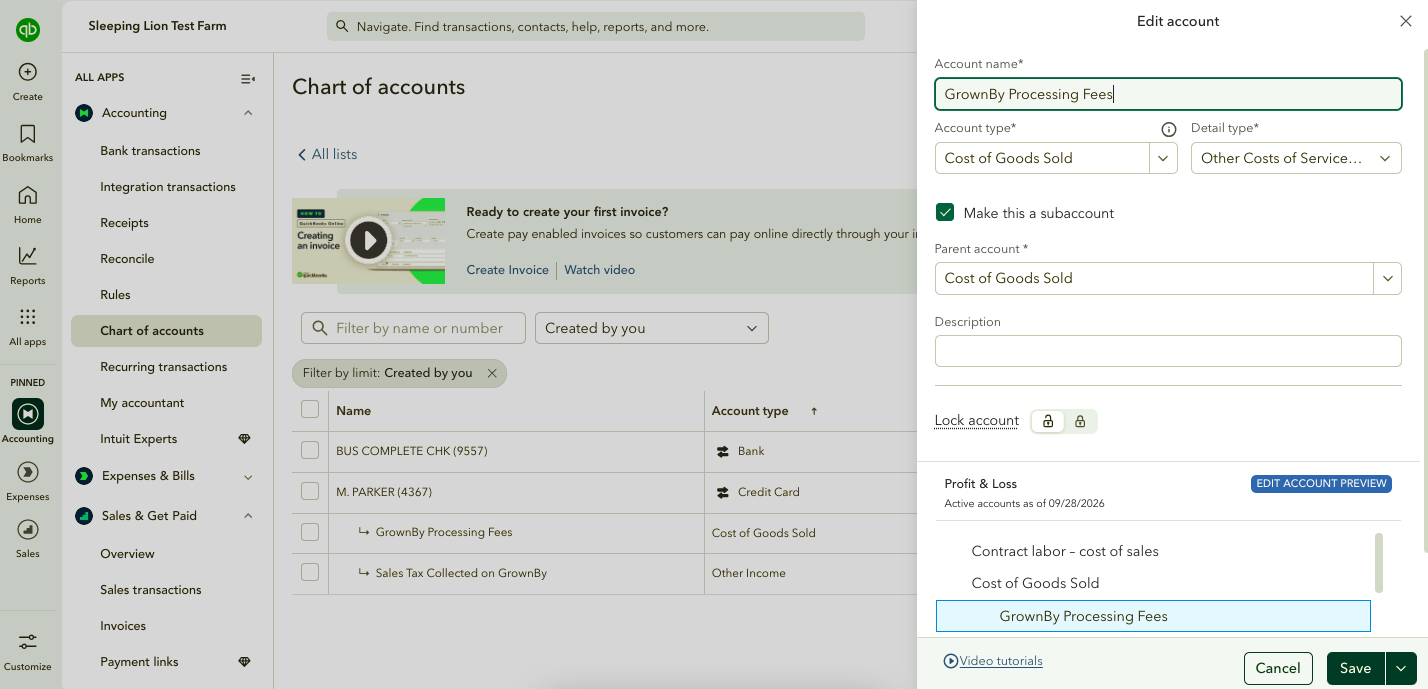 Setting up a GrownBy Processing Fees cost of goods sold subaccount in the QuickBooks Online chart of accounts