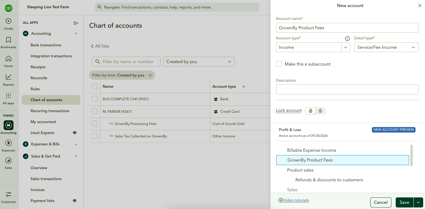 Creating a GrownBy Product Fees income account in the QuickBooks Online chart of accounts