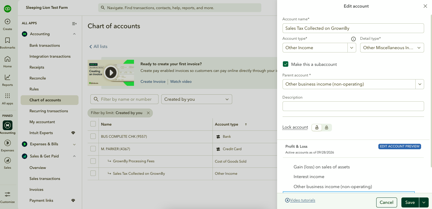 Setting up a Sales Tax Collected on GrownBy other income subaccount in the QuickBooks Online chart of accounts