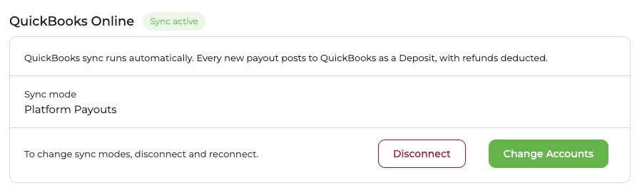 The connected QuickBooks Online section showing Sync active, the current sync mode, and the Change Accounts and Disconnect buttons