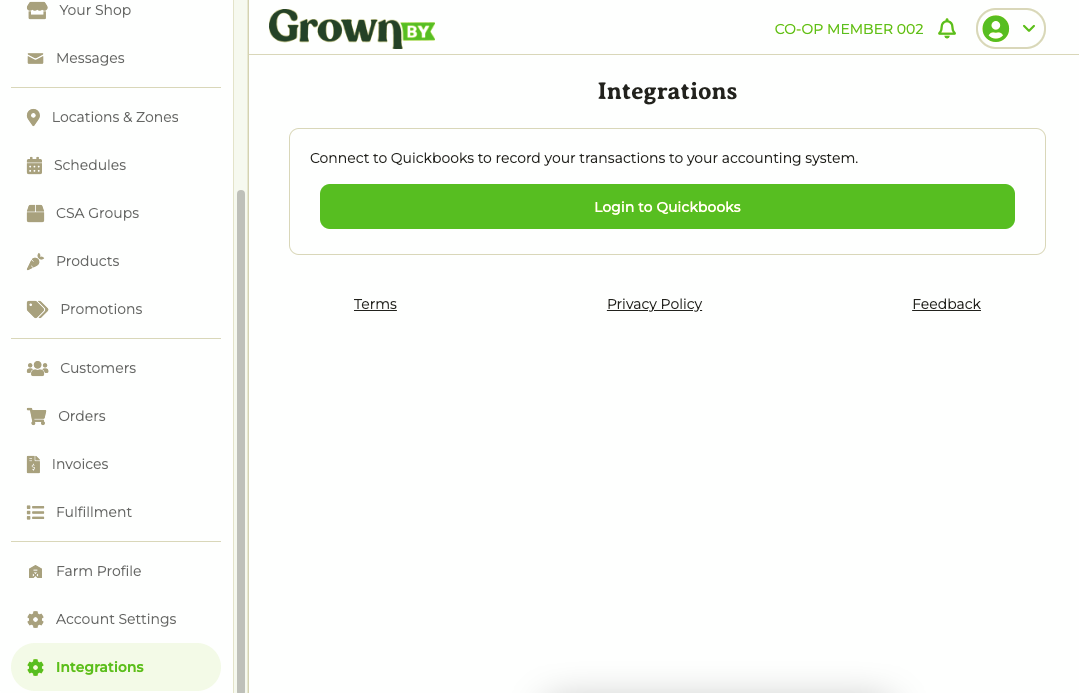 The Integrations page in the GrownBy Dashboard with the Login to Quickbooks button