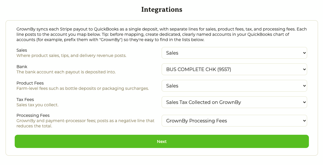 The account mapping screen with dropdowns for Sales, Bank, Product Fees, Tax Fees, and Processing Fees