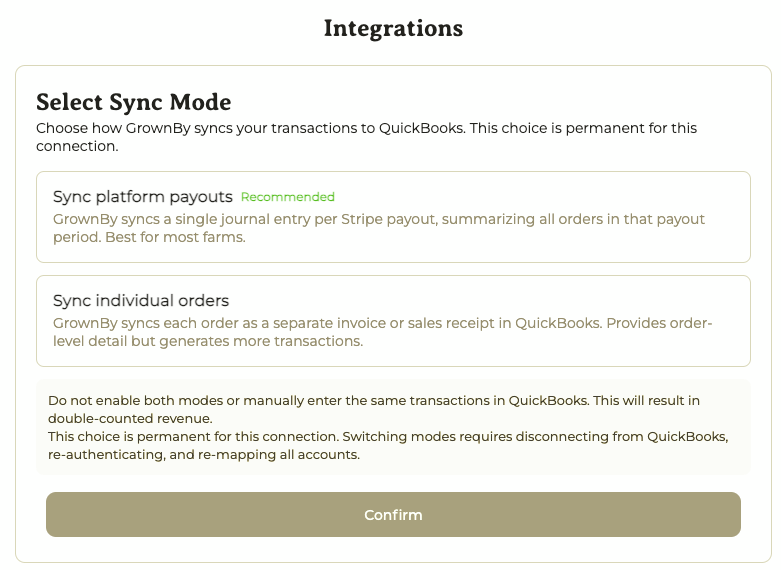 The Select Sync Mode screen with the Sync platform payouts and Sync individual orders options