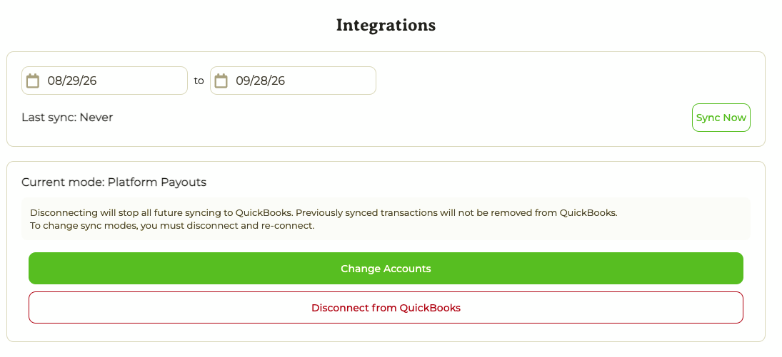 The Integrations page showing the sync date range, the Sync Now button, and the current sync mode