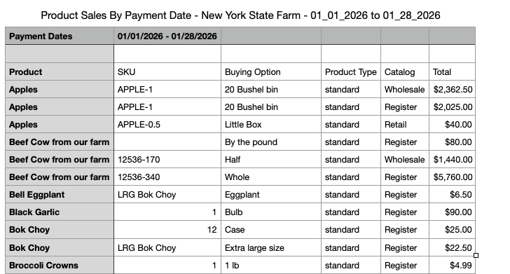 Product Sales by Payment Date export preview